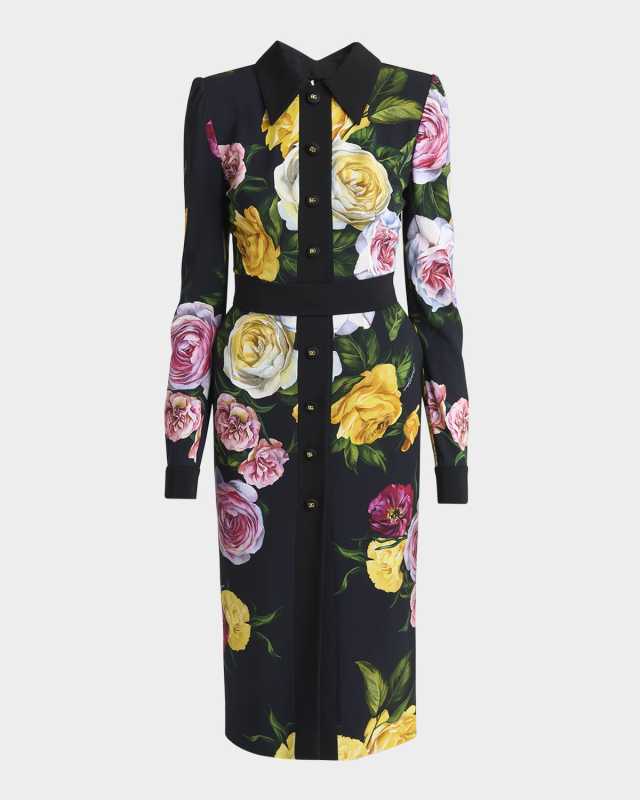 Floral Print Belted Cady Midi Shirtdress